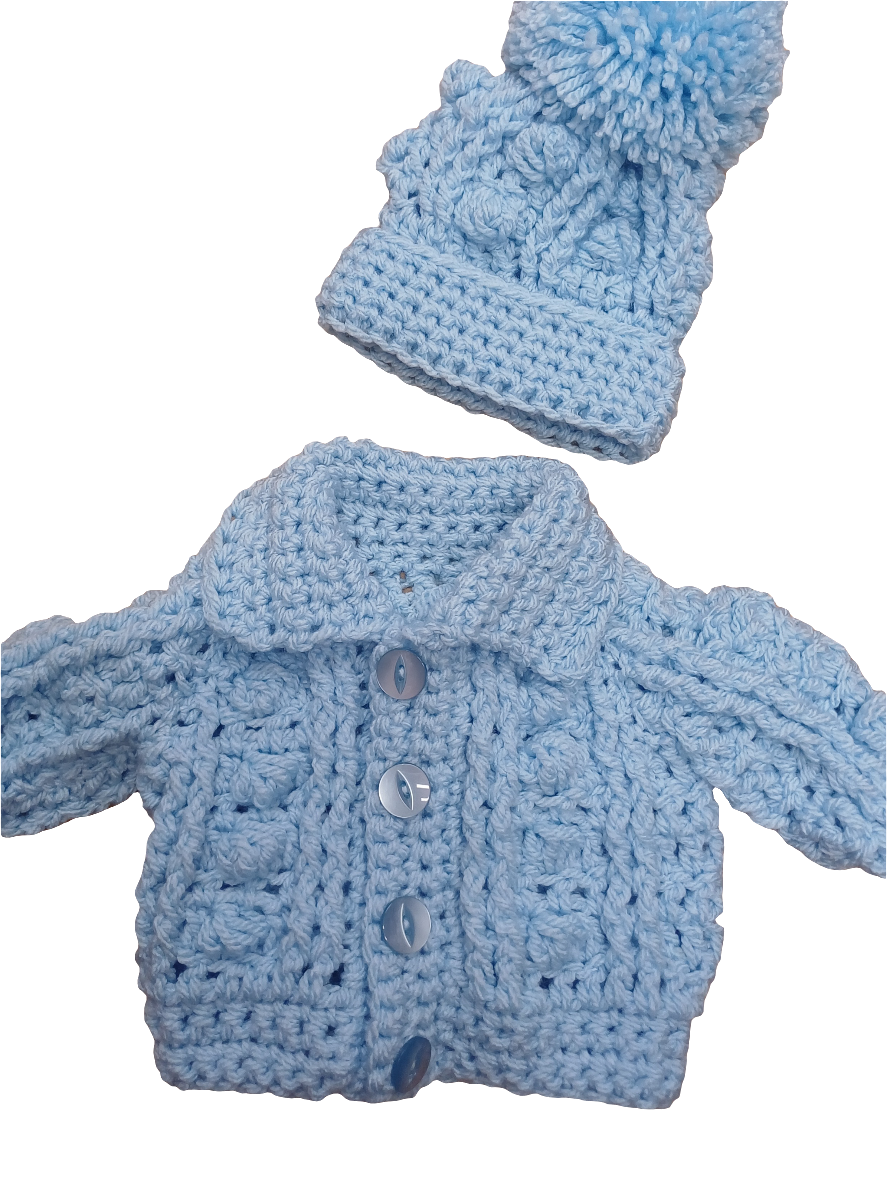 Babys  handmade crocheted cardigan and pom hat set