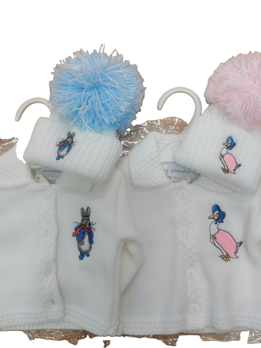 Dandelion boys or girls  cardie set with pom hat embroidered with  peter rabbit or jemima puddle duck