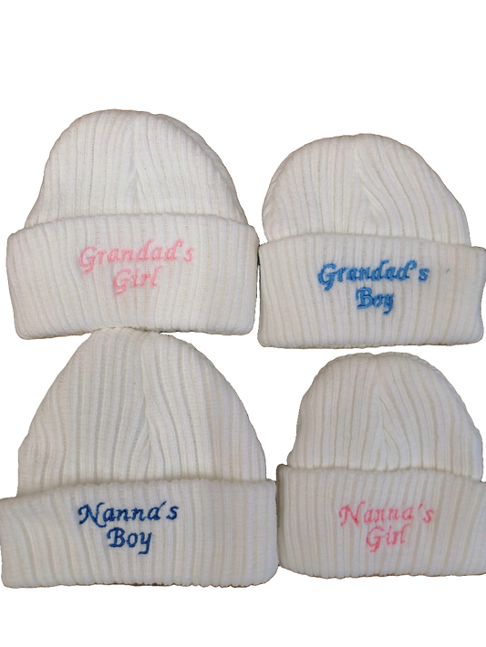 beautiful baby newborn beanie hat embroidered with nannas girl or  boy or grandads boy or girl newborn size