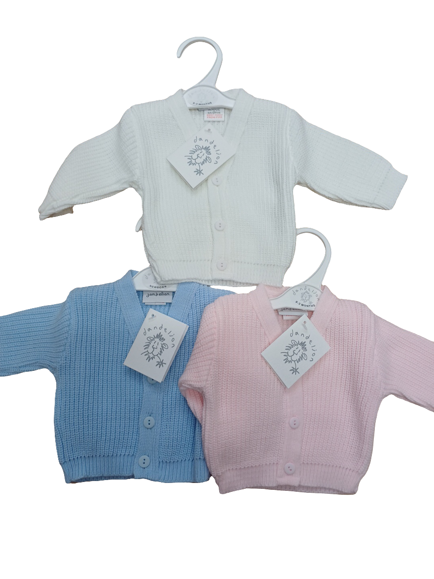 Dandelion babys knitted cardigans sizes from premature to 3  months various colours to choose from