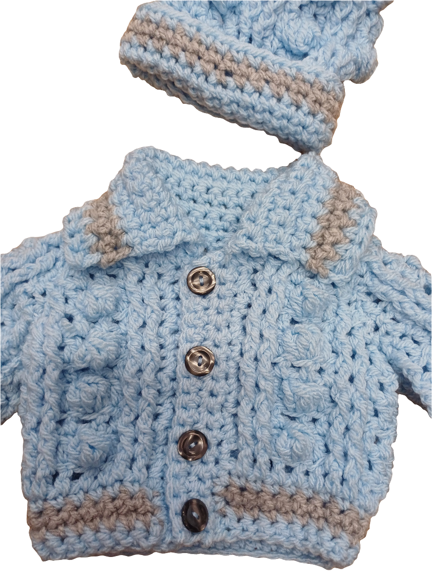 Babys handmade crocheted cardigan and pom hat set