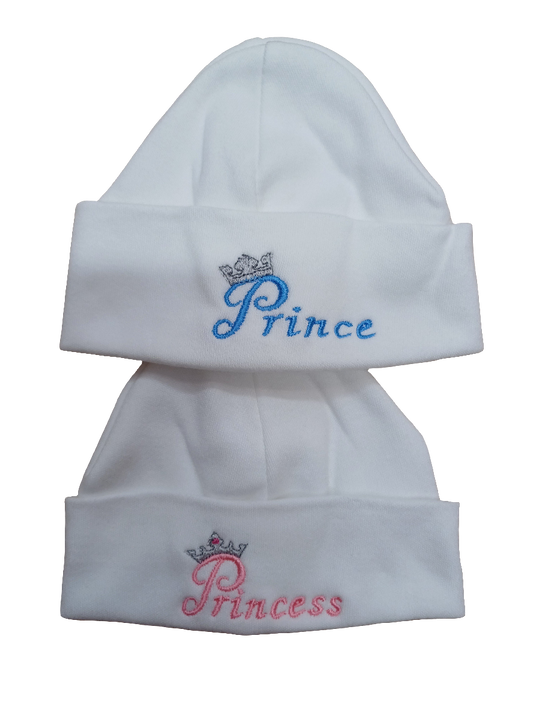 Baby Boys or girls  100% soft cotton hat embroidered with prince or princess size newborn