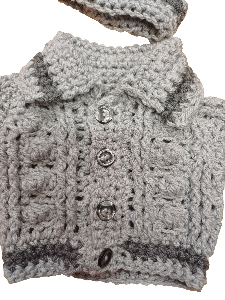 Babys  handmade crocheted cardigan and pom hat set