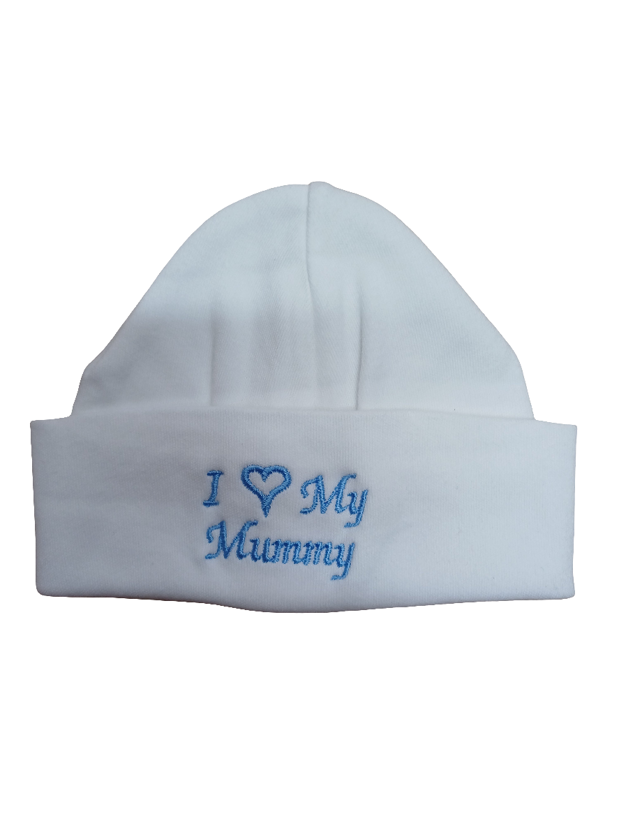 Baby Boys or girls  100% soft cotton hat embroidered with I love my mummy or daddy various colours to choose from size newborn