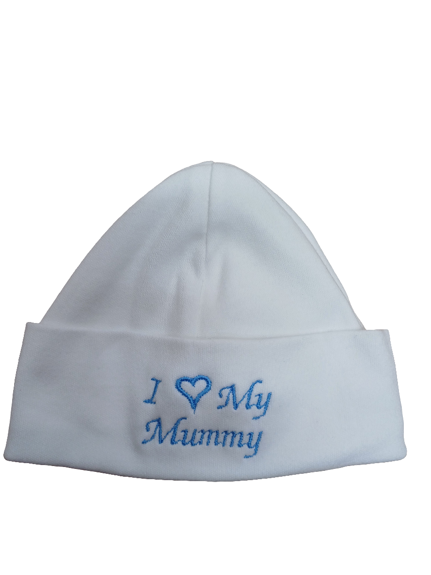 Baby Boys or girls  100% soft cotton hat embroidered with I love my mummy or daddy various colours to choose from size newborn