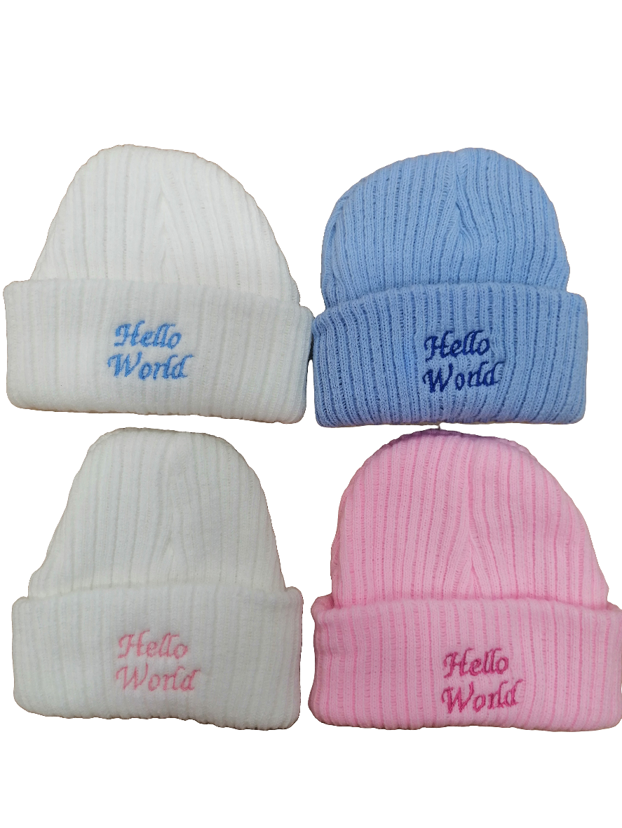 Boys or girls beanie hat embroidered with hello world newborn  size