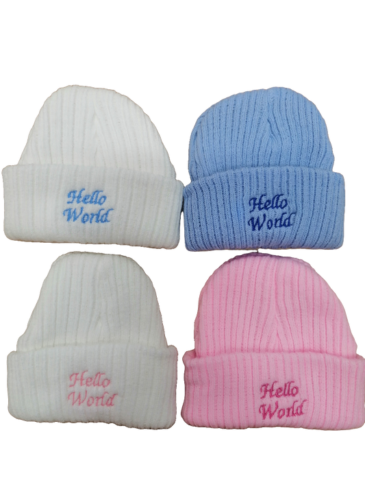 Boys or girls beanie hat embroidered with hello world newborn  size