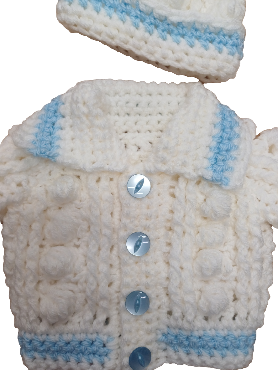 Babys  handmade crocheted cardigan and  pom hat set