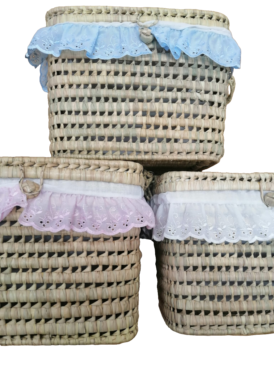 beautiful baby layette basket with broderie anglaise frill and lid