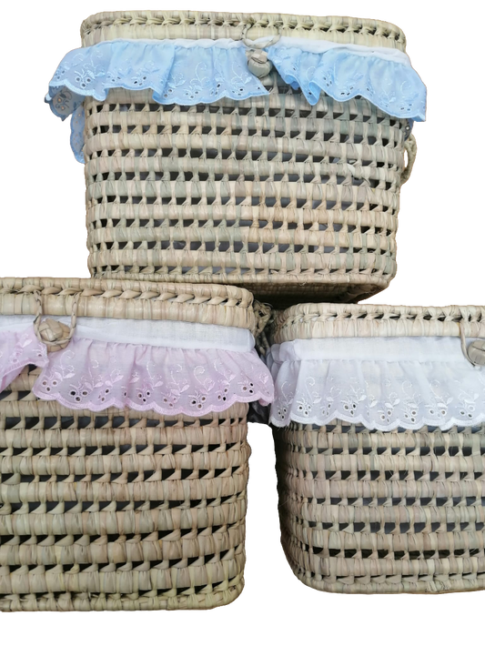 beautiful baby layette basket with broderie anglaise frill and lid