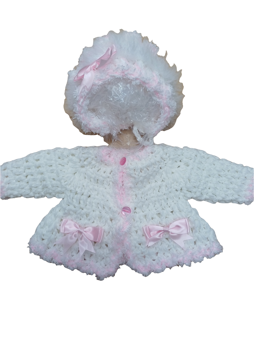 Baby girls handmade crochet pretty cardigan and bonnet set size  0 / 3 months