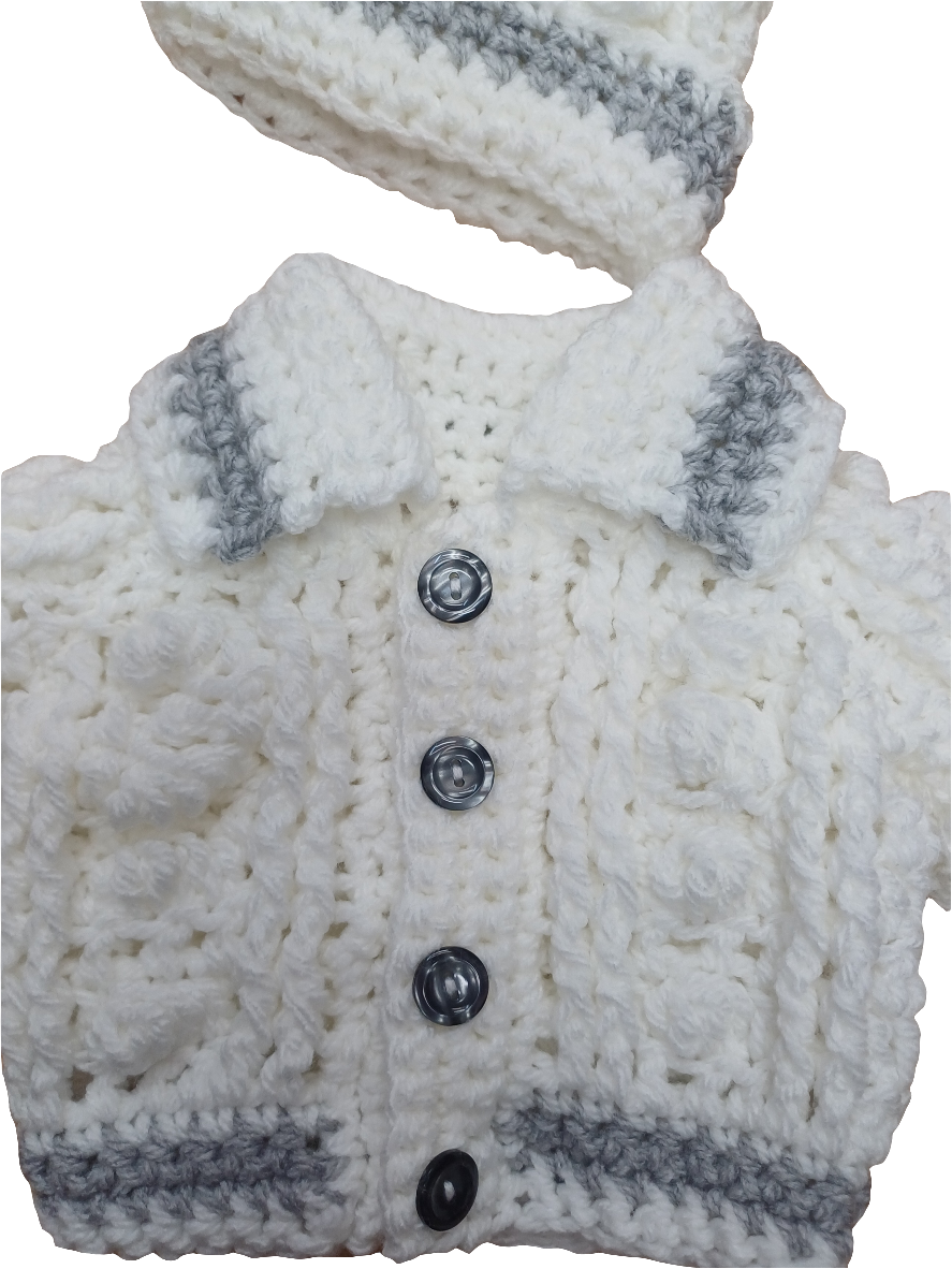 Babys handmade crocheted cardigan and pom hat set