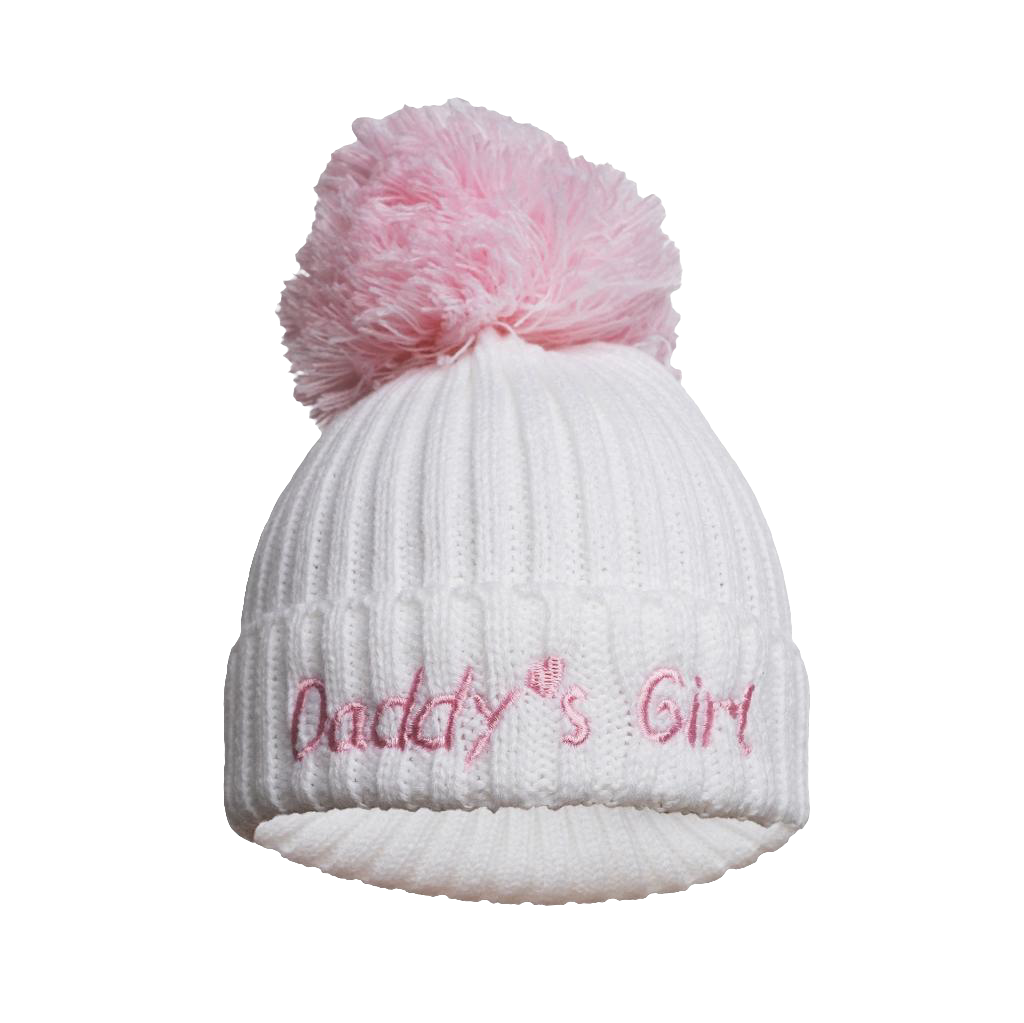 Knitted Hats with pom pom embroidered with daddy's girl or boy