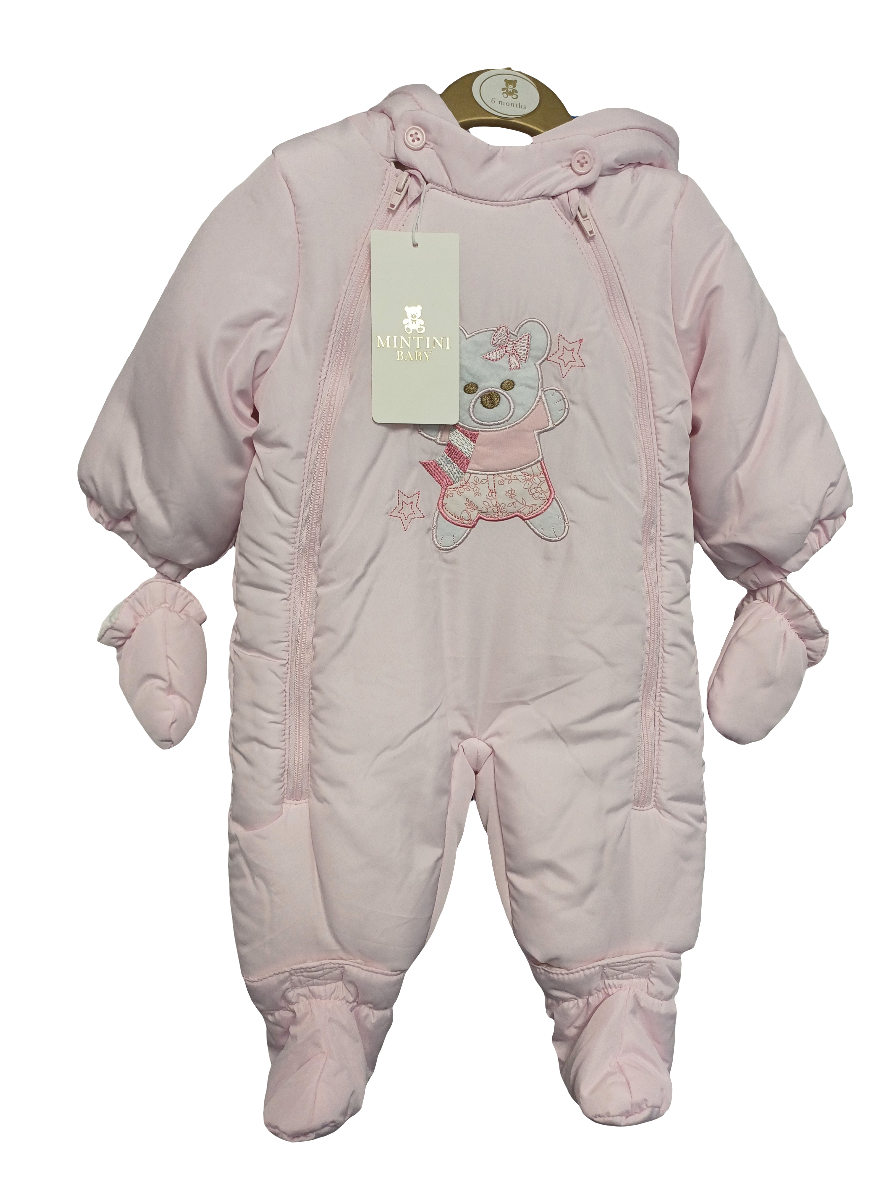 Mintini pram snowsuit with detachable feet and hands with  teddy bear design embroidery