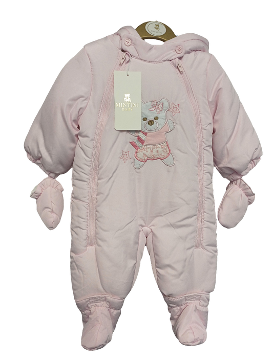 Mintini pram snowsuit with detachable feet and hands with  teddy bear design embroidery