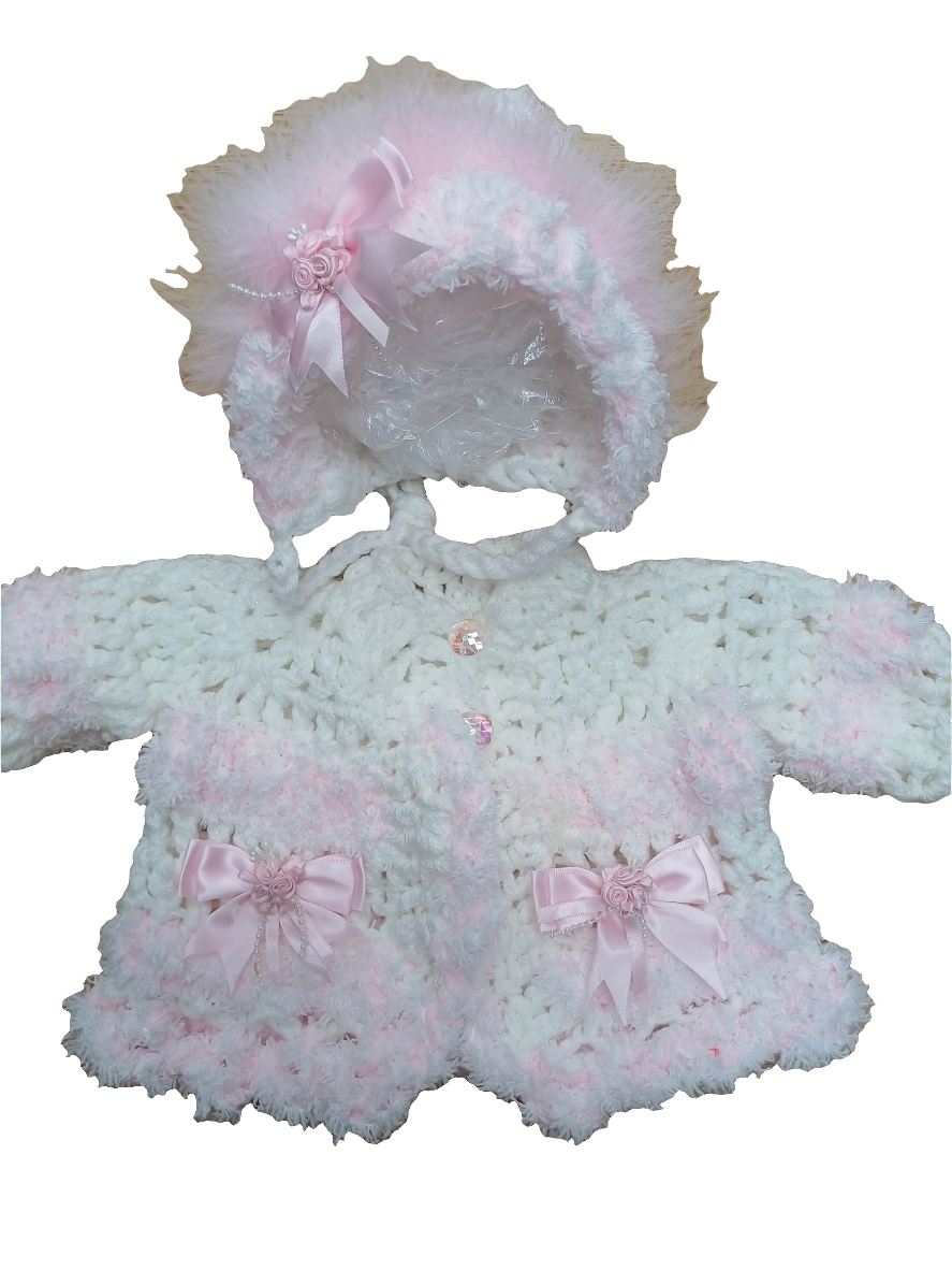 Baby girls handmade crochet pretty cardigan  and  bonnet set  size 0 / 3 months