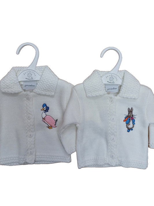 Dandelion boys or girls embroidered cardies with peter rabbit or jemima puddle duck