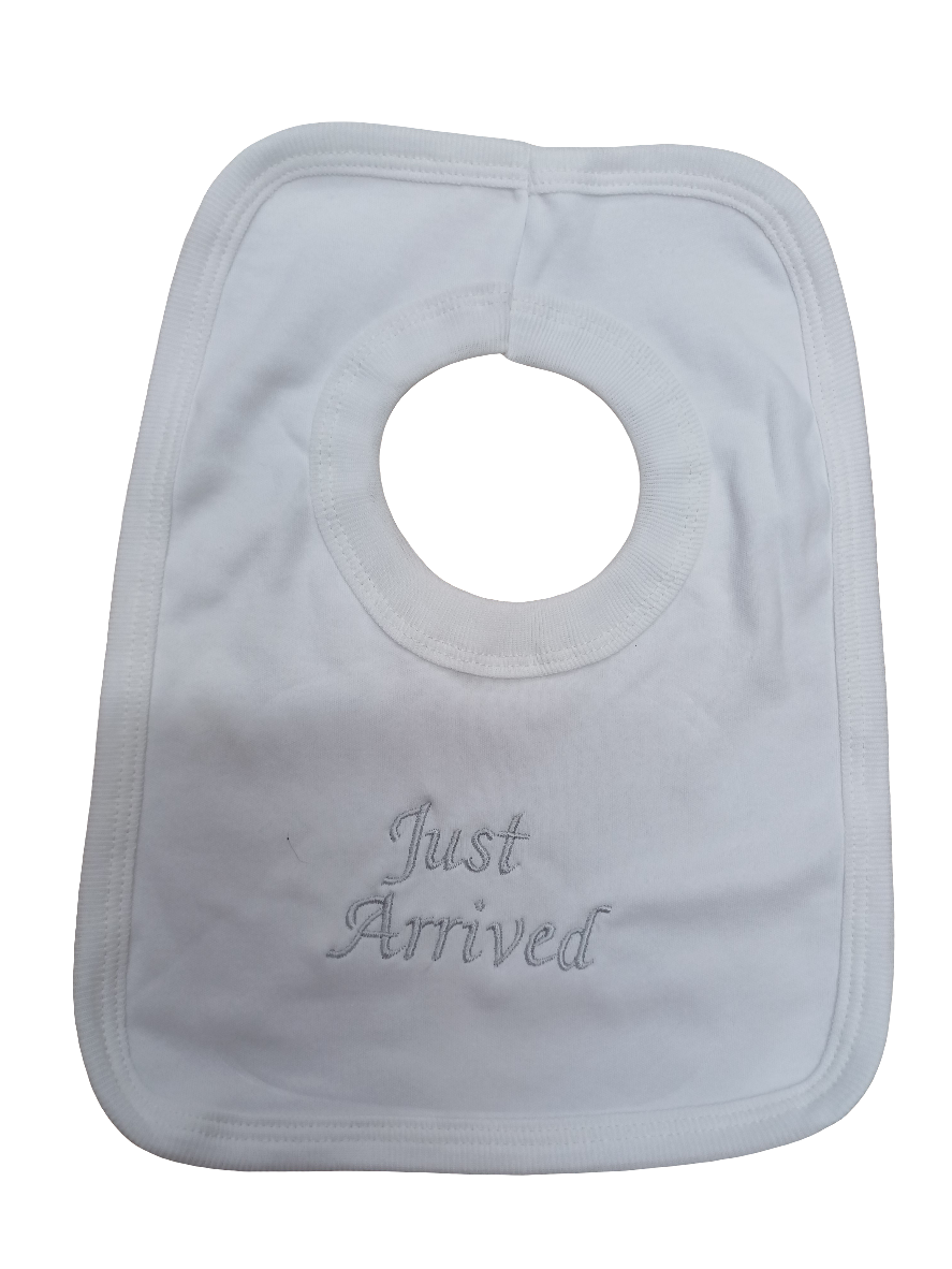 Baby  bibs embroidered with just arrive on  various  colours  to choose from 100% cotton