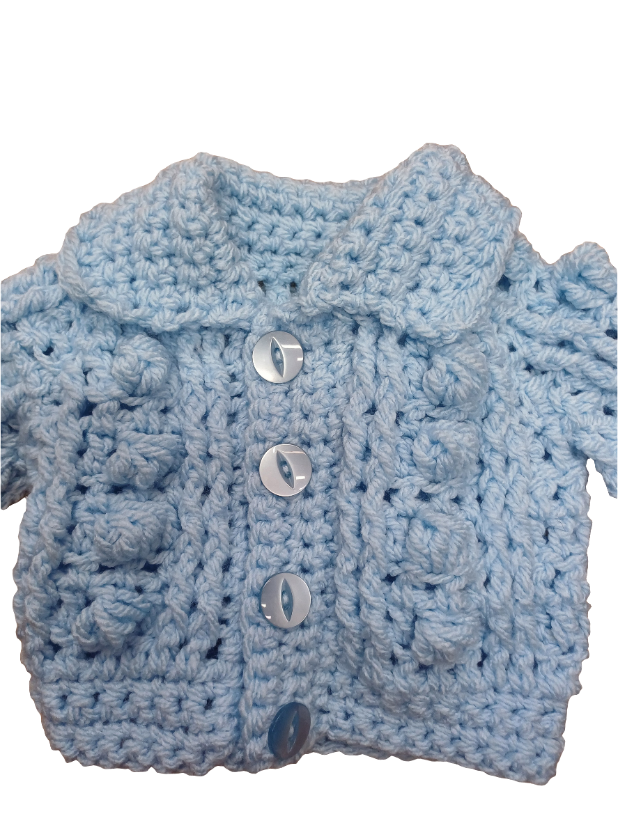 Babys  handmade crocheted cardigan and pom hat set