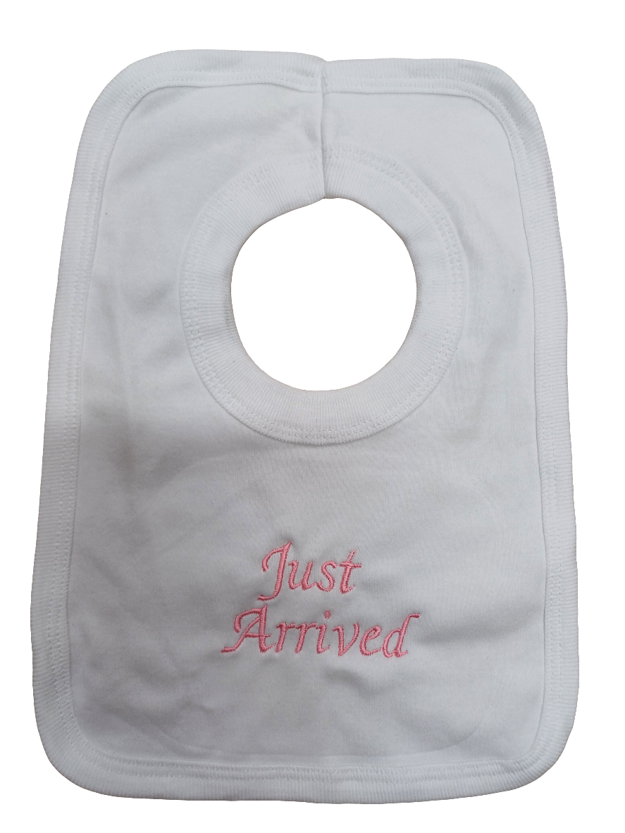 Baby  bibs embroidered with just arrive on  various  colours  to choose from 100% cotton