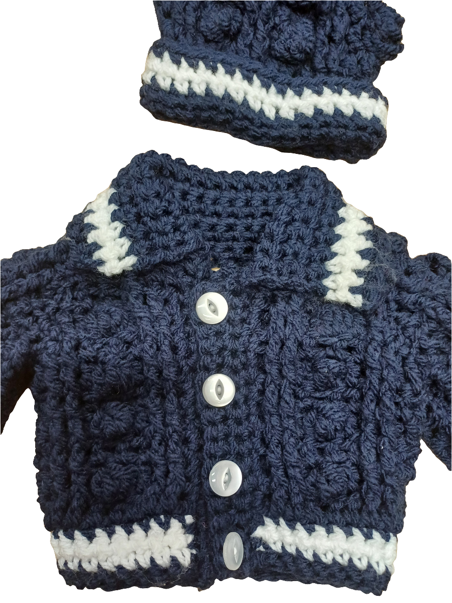 Babys handmade crocheted cardigan and pom hat set