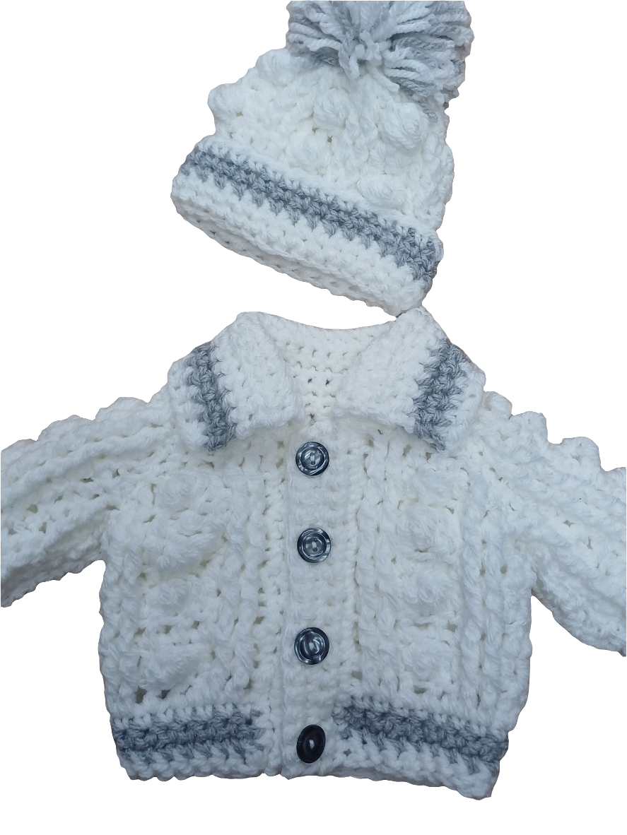 Babys handmade crocheted cardigan and pom hat set