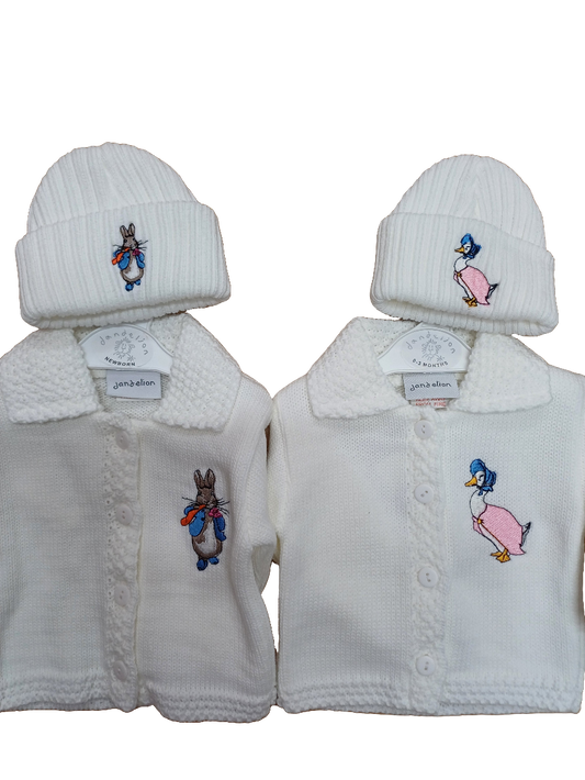 Baby Boys or girls  peter rabbit themed cardie and hat set