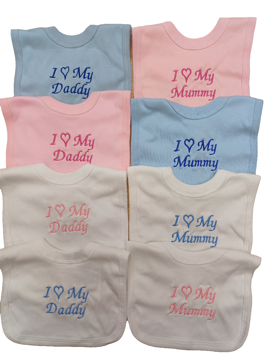 Baby  Boys or girls  100% soft cotton bib embroidered with  I love my mummy or daddy various colours to choose from