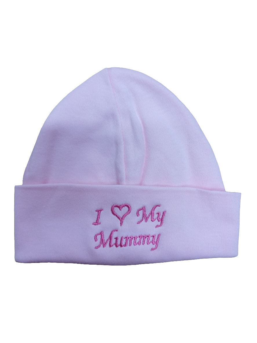 Baby girls  100% soft cotton bib and hat set embroidered with I love my mummy colour pink size newborn