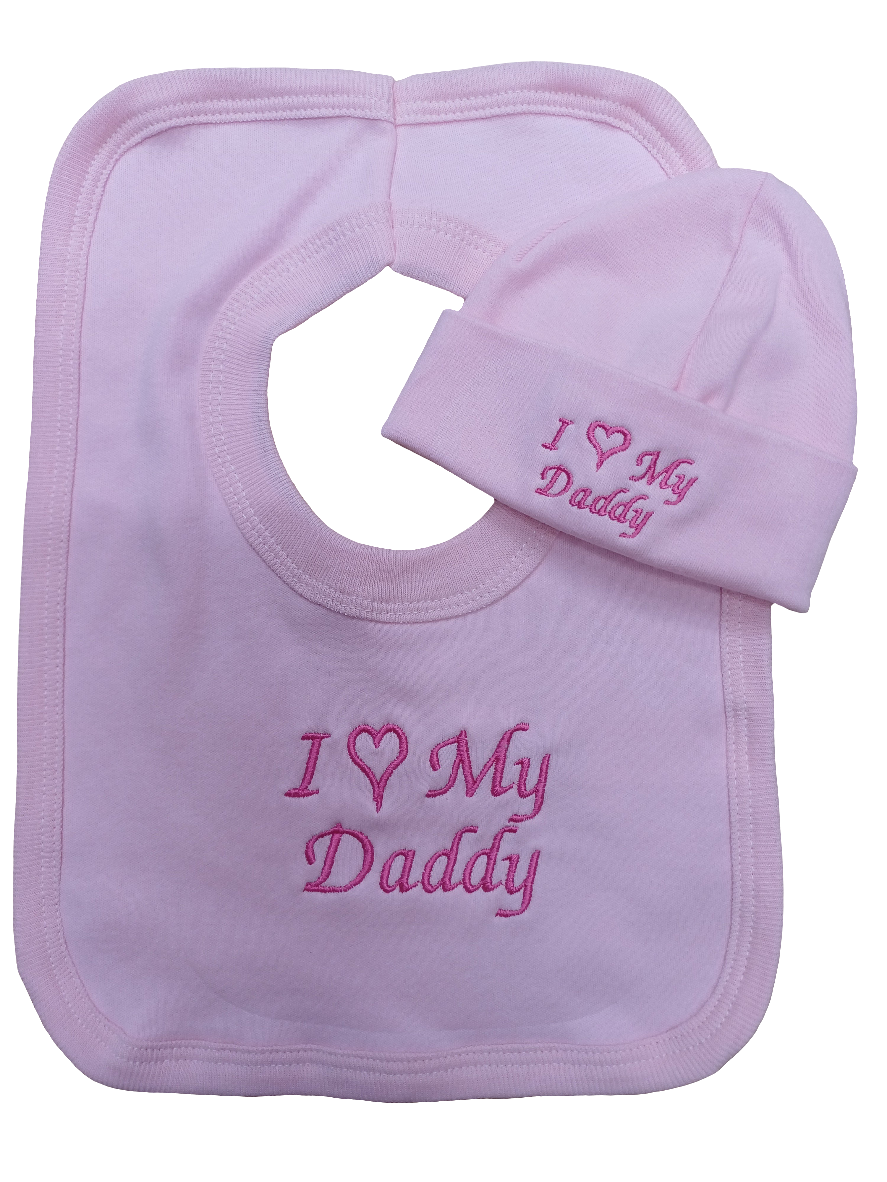 Baby girls  100 % soft cotton bib and hat set embroidered with I love my daddy colour pink  size newborn