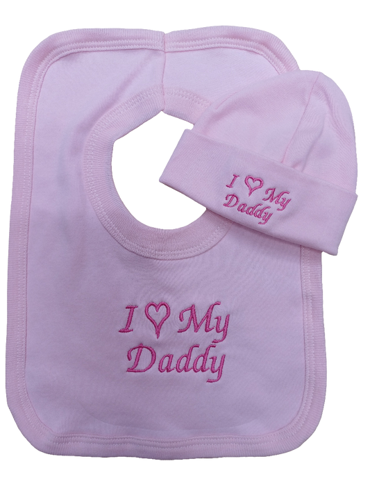 Baby girls  100 % soft cotton bib and hat set embroidered with I love my daddy colour pink  size newborn