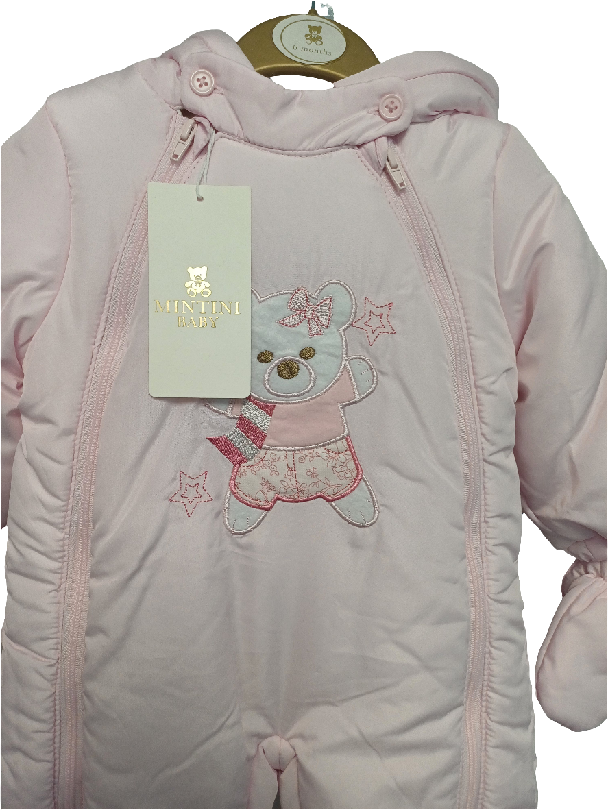 Mintini pram snowsuit with detachable feet and hands with  teddy bear design embroidery