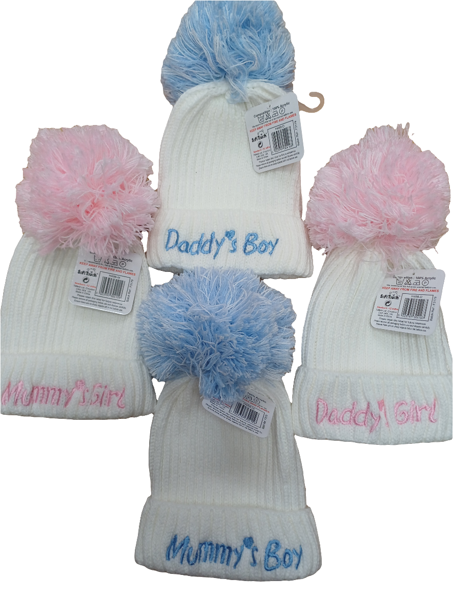 Knitted Hats with pom pom embroidered with mummy's girl or boy