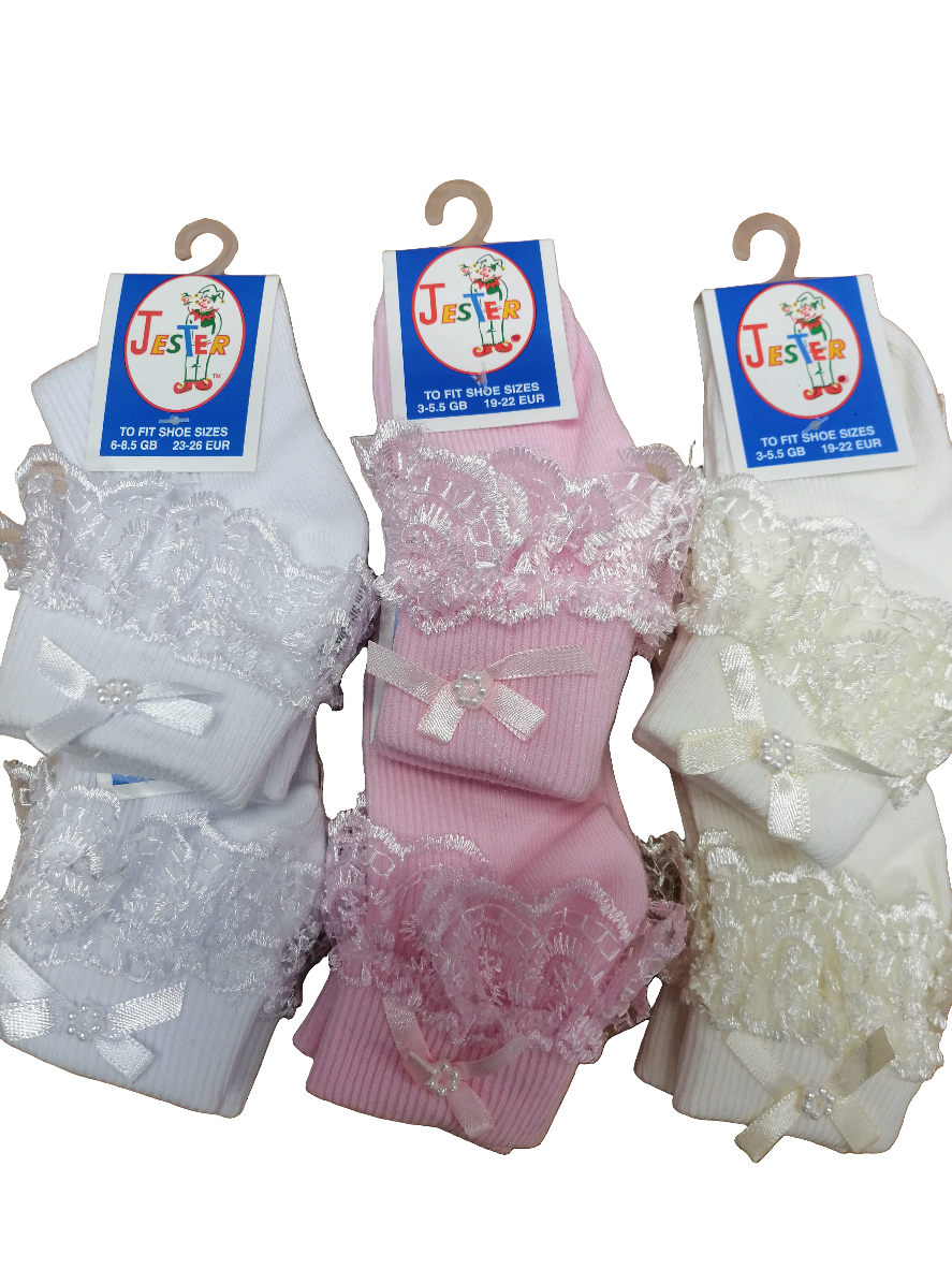 Girls frilly lace ankle socks with bow 8 sizes from premature  to adult size 6