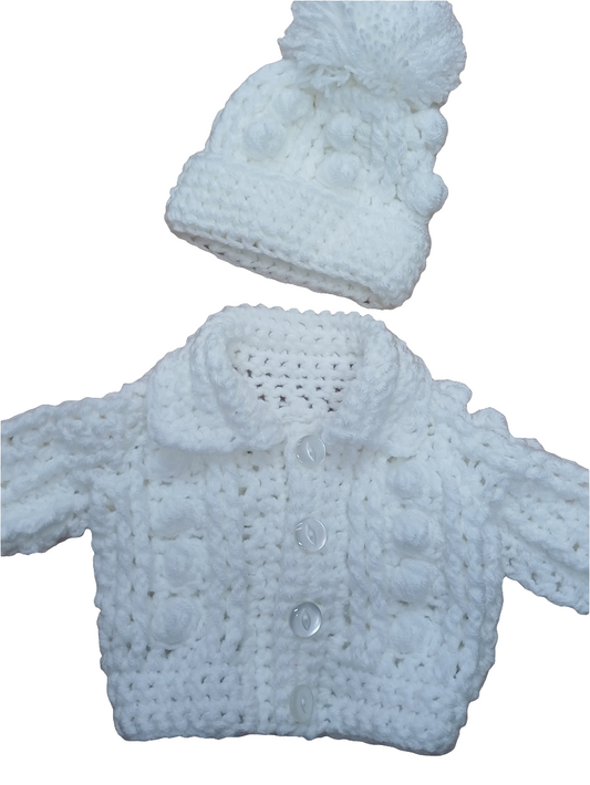 Babys  handmade crocheted cardigan and pom hat set