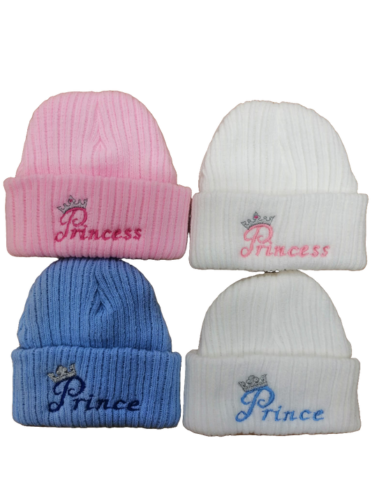 beautiful baby beanie hat embroidered with prince or princess  newborn size