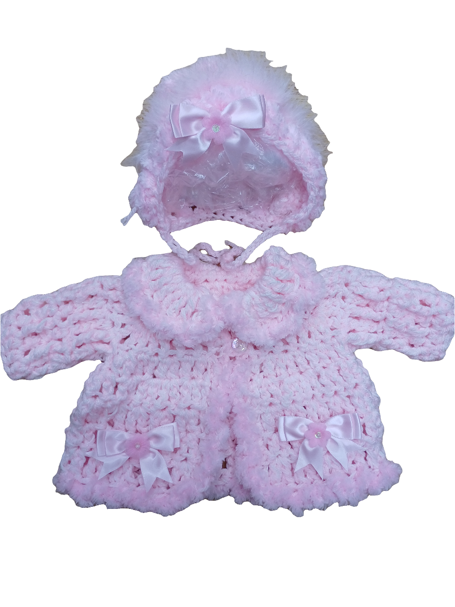 Baby girls handmade crochet pretty cardigan and bonnet set size 0 / 3 months