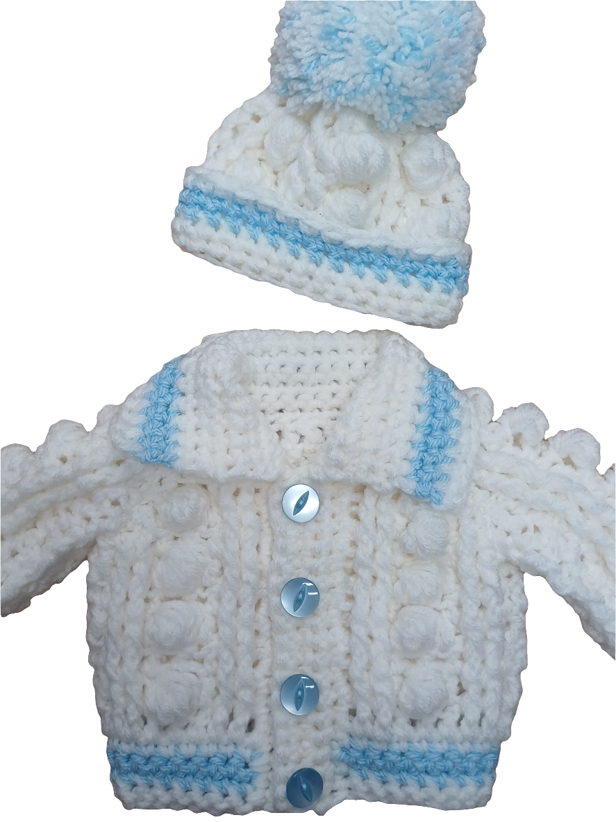 Babys  handmade crocheted cardigan and  pom hat set