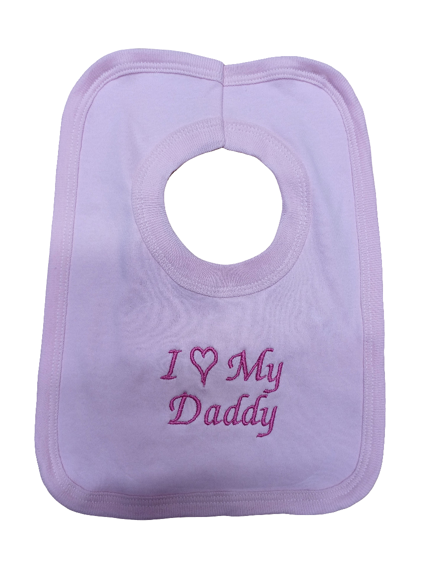 Baby girls  100 % soft cotton bib and hat set embroidered with I love my daddy colour pink  size newborn