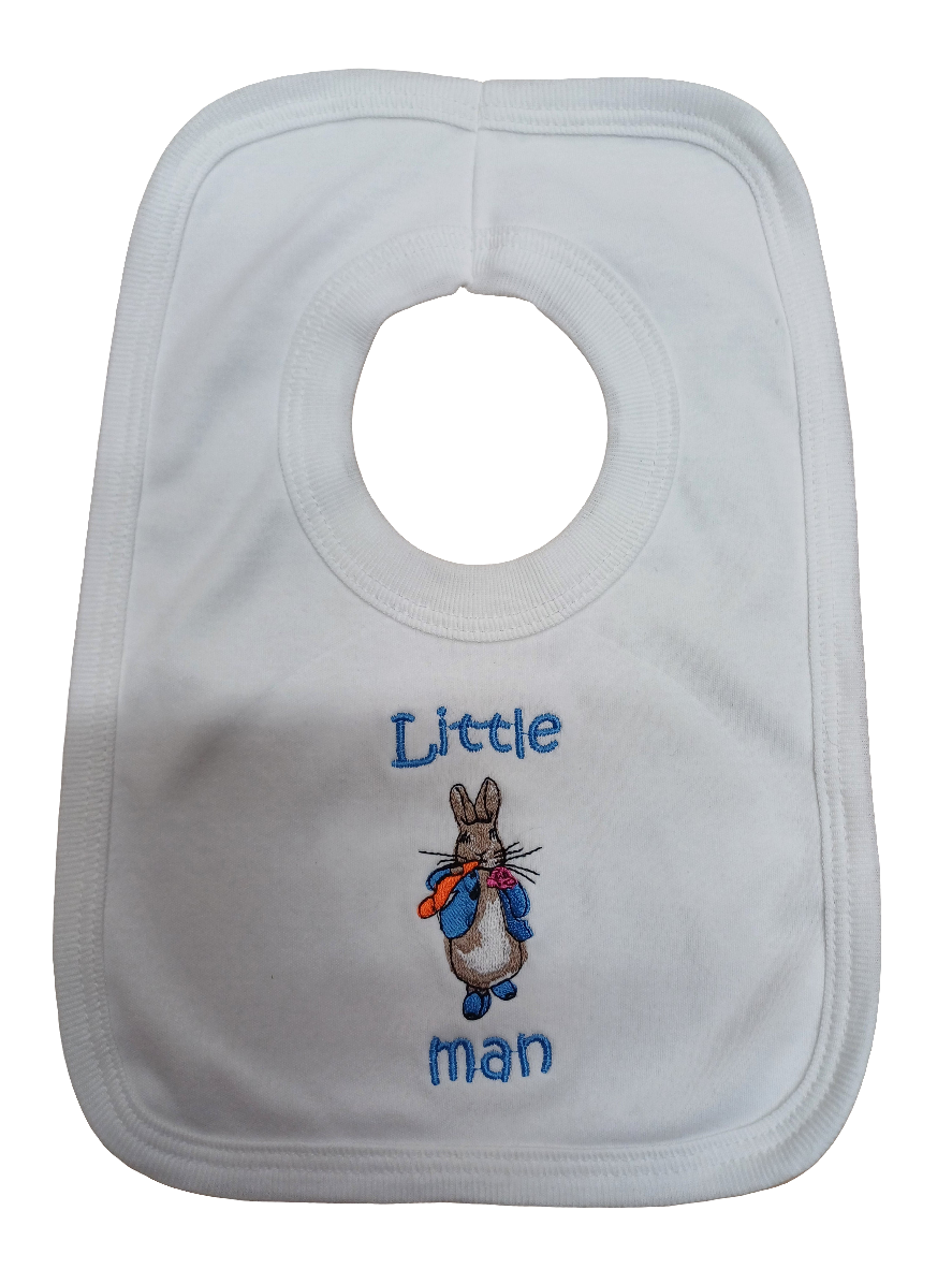 Baby Boys or girls  100% soft cotton bib embroidered with  peter rabbit or jemima puddle duck