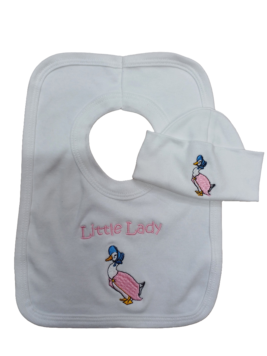 Baby girls 100% soft cotton bib and hat set embroidered with jemima puddle duck size newborn