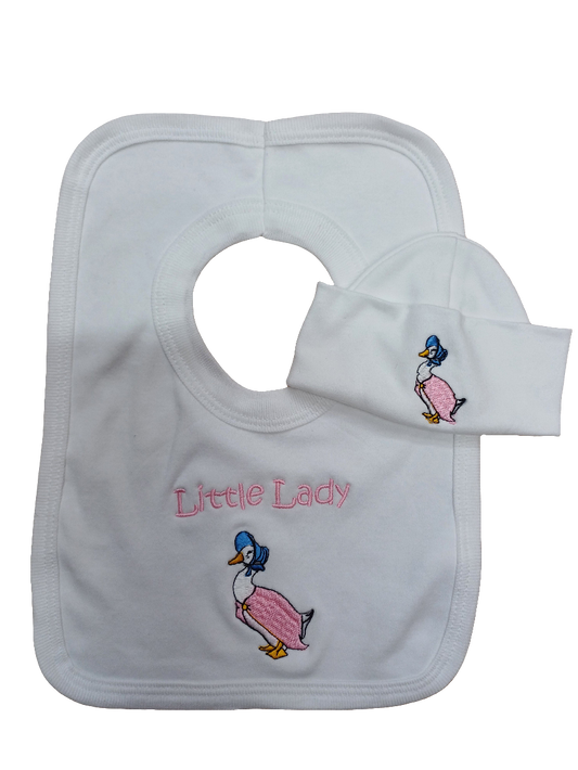 Baby girls 100% soft cotton bib and hat set embroidered with jemima puddle duck size newborn