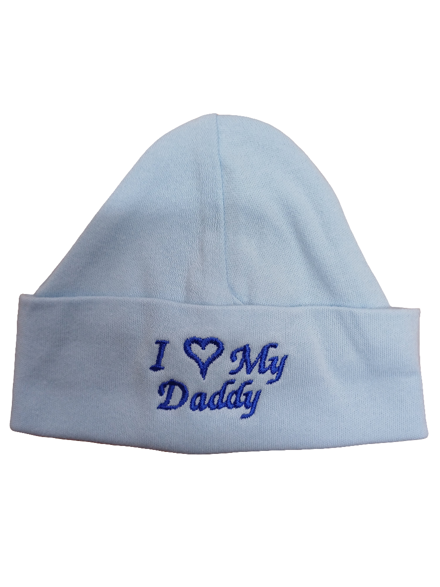 Baby Boys or girls  100% soft cotton hat embroidered with I love my mummy or daddy various colours to choose from size newborn