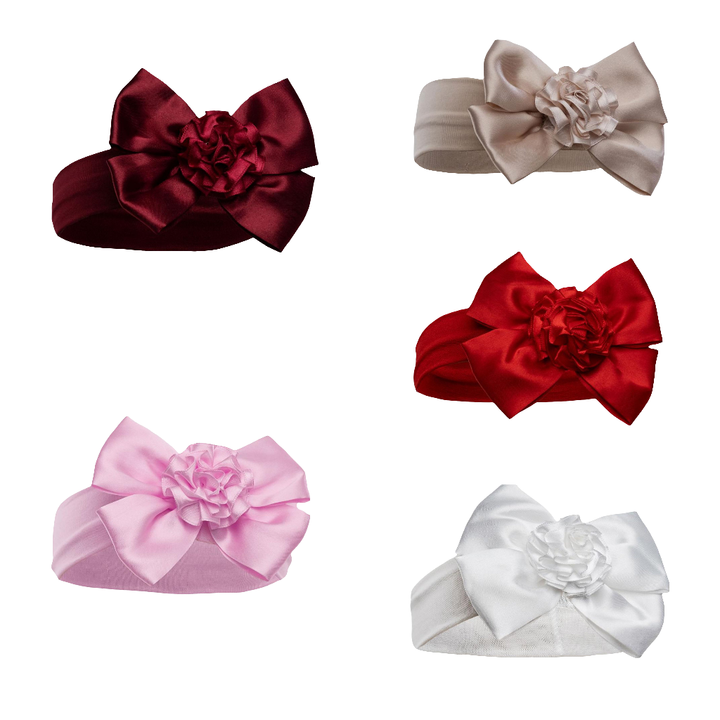 Baby girls stretch headband with satin bow and flower comes in  various colours