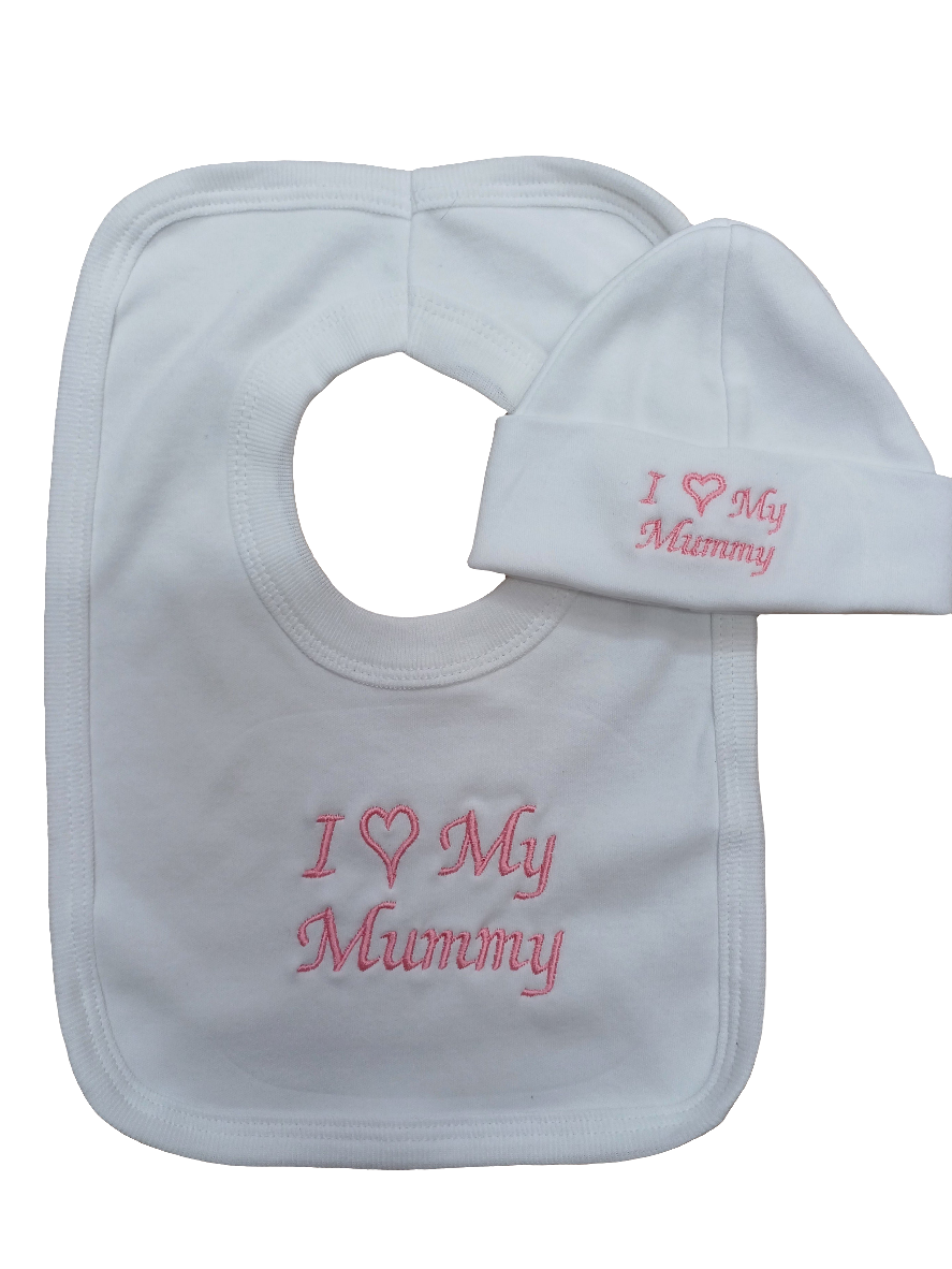 Baby girls  100 % soft cotton bib and hat set embroidered with I love my mummy colour white  / pink  size newborn