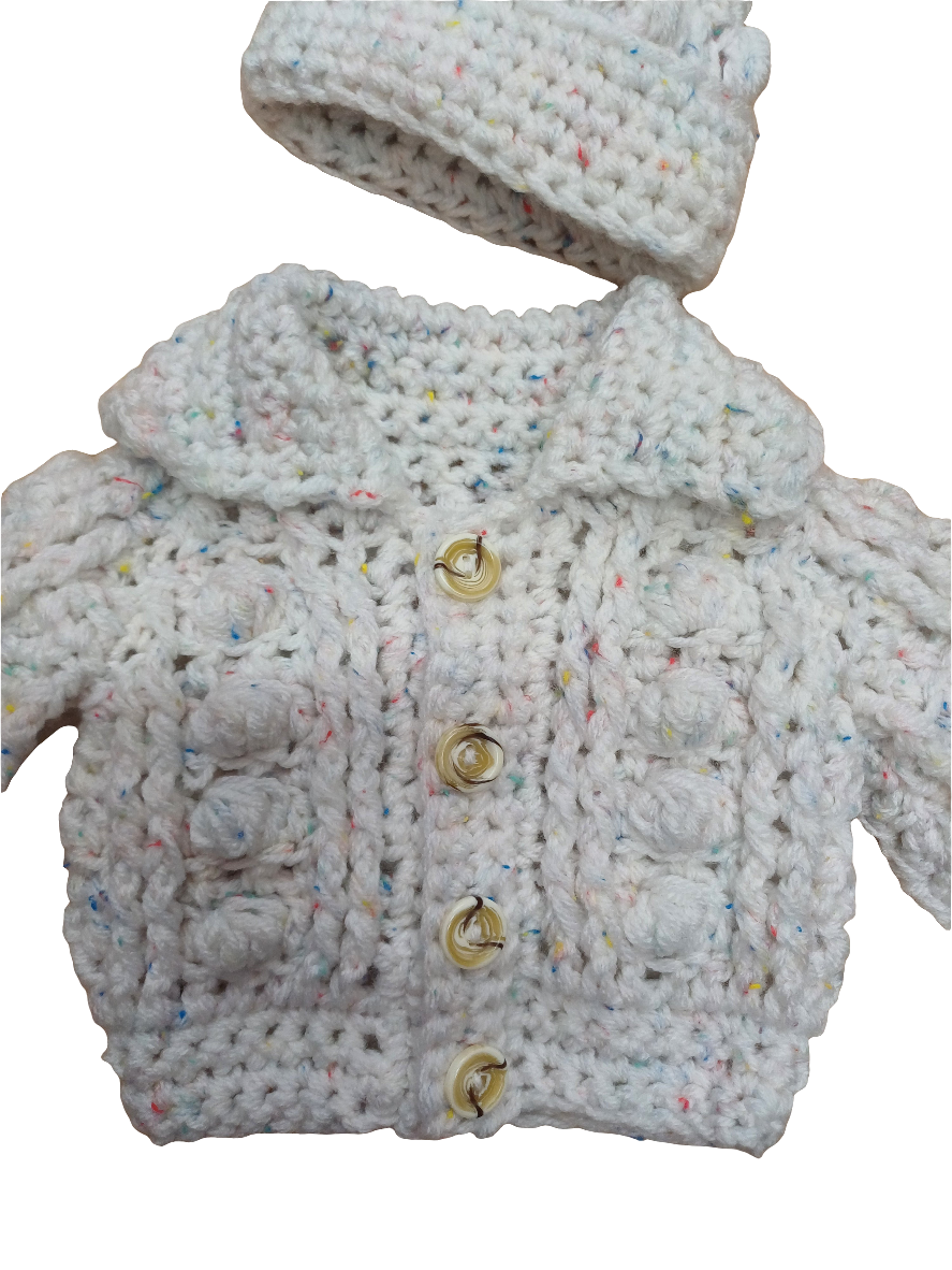 Babys handmade crocheted cardigan and pom hat set