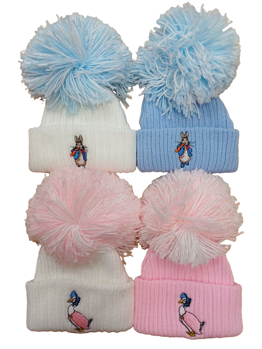 Baby Boys or girls  embroidered pom hats with peter rabbit or jemima puddle duck