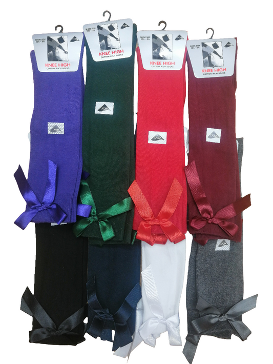 Back to school knee high socks with bows  3 pairs in a pack  various colours to choose from  and sizes