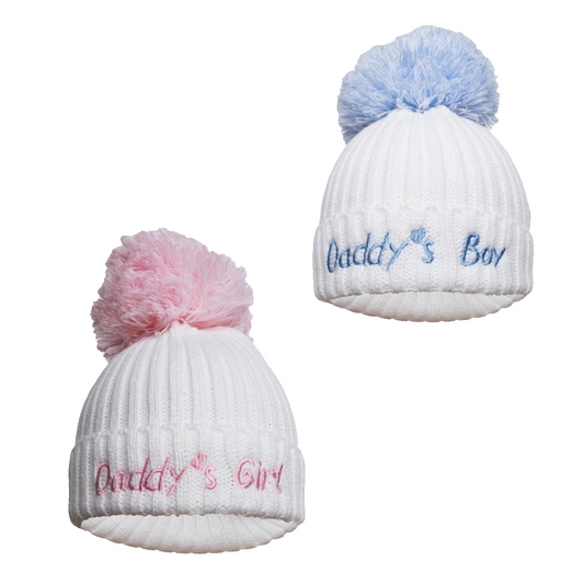 Knitted Hats with pom pom embroidered with daddy's girl or boy