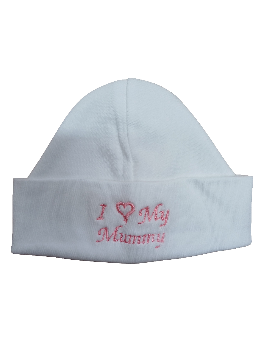 Baby girls  100 % soft cotton bib and hat set embroidered with I love my mummy colour white  / pink  size newborn